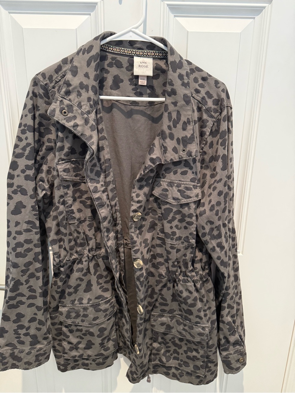 Knox Rose Gray Leopard-Print Utility Jacket with Drawstring Waist
